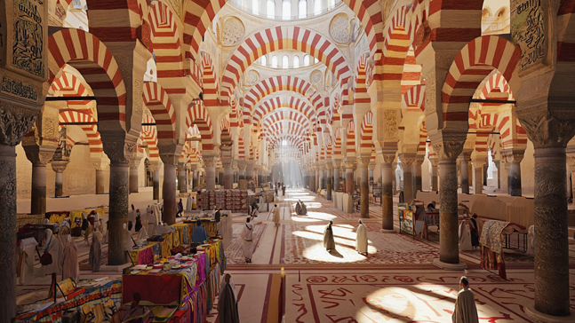 A realistic view of medieval Córdoba showing the Great Mosque (Mezquita) with its Columns.
