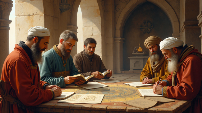 Artistic illustration of medieval scholars of different faiths working at a table.