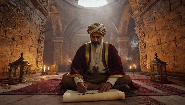 Al-Khwarizmi working by candlelight in his Baghdad study, solving mathematical equations